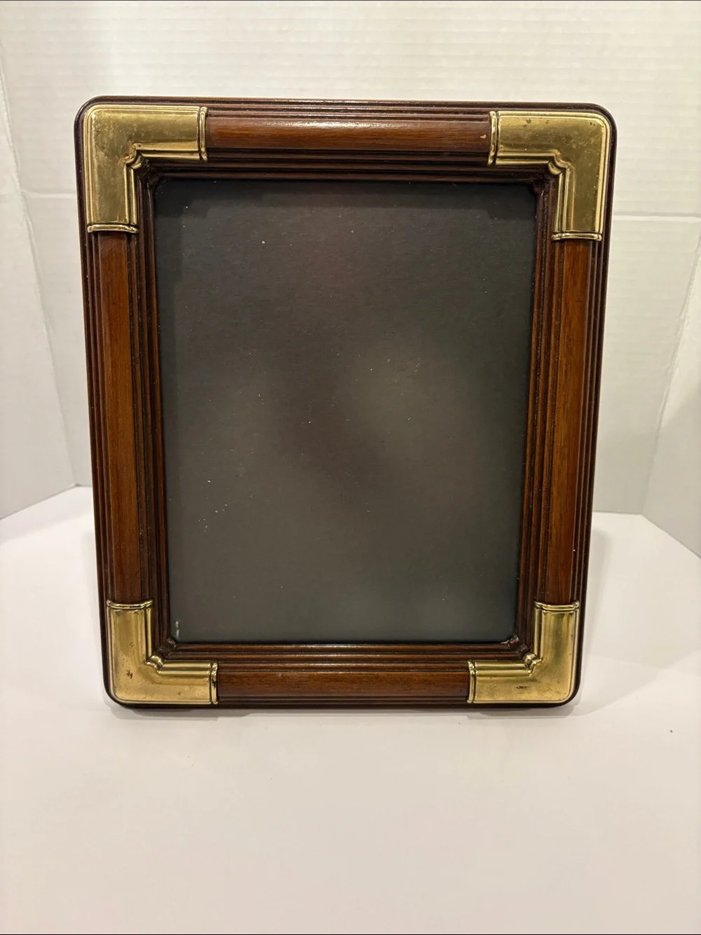 Vintage Mid Century Campaign Wood 8x10 Picture Frame Heavy Brass Corners